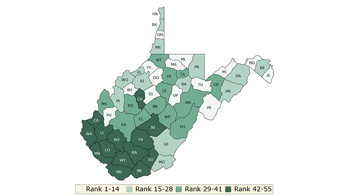 West Virginia Health Outcomes map