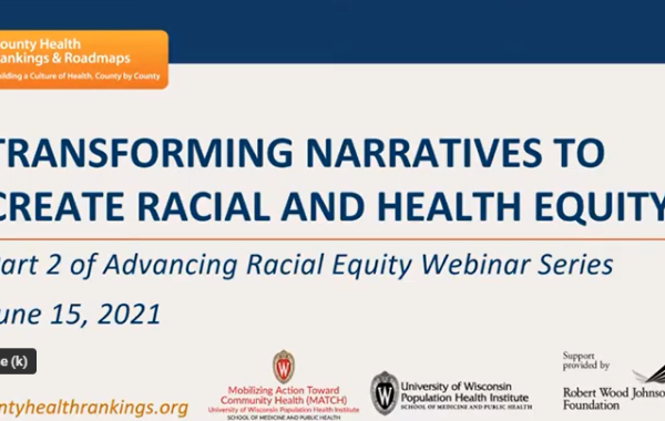 Title card for webinar called Transforming narratives to create racial and health equity webinar cover