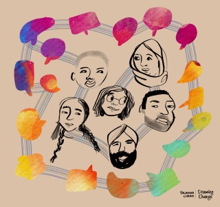 Illustration of diverse group of faces engaged in dialogue with a rainbow of speech bubbles