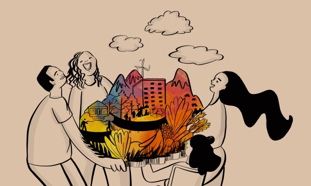 Illustrated group of diverse people collectively lifting up a small, brightly colored city image