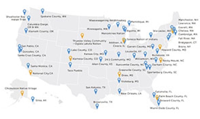 Map of United States showing the names and locations of all RWJF Culture of Health Prize winning communities. 