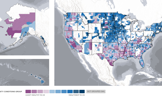  US map showing counties that have experienced one or more climate or weather-related Federal Disaster Declarations between (2019-2023) and the distribution of community conditions, with a least healthy counties concentrated in the south, parts of inland California and Alaska, and healthier places concentrated in the upper Midwest and New England.