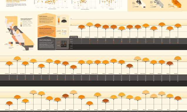 Data visualization depicting the connection between school funding, reading scores and health outcomes in California, which she visualized through the state flower, the California golden poppy. Young represented a structural determinant of health (school funding adequacy) as the roots of the flower, a social determinant of health (reading scores) as the stems, and county health outcomes as flourishing petals. 