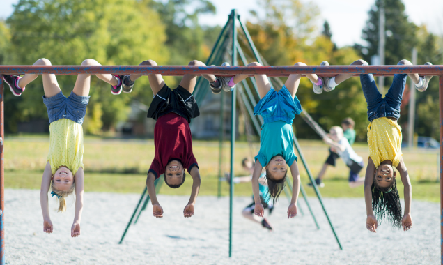 Kids hanging upside-down from monkey bars