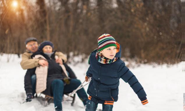 Young child pulls two adults on a sled in a snowy, wooded area. 