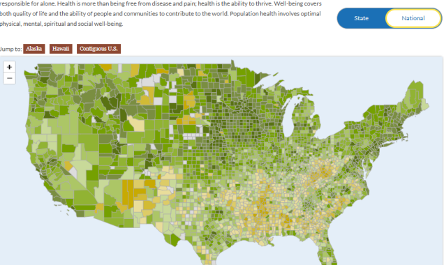 Screenshot of the national map showing population health data by county