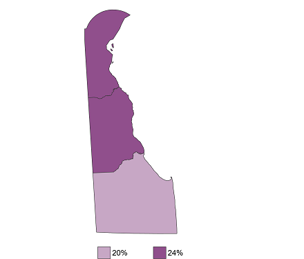 Map of Delaware demonstrating differences in childcare cost burden by county