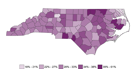 Map of North Carolina demonstrating differences in childcare cost burden by county
