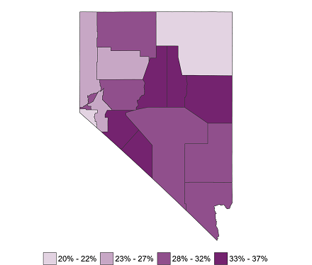 Map of Nevada demonstrating differences in childcare cost burden by county