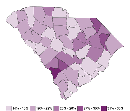 Map of South Carolina demonstrating differences in childcare cost burden by county