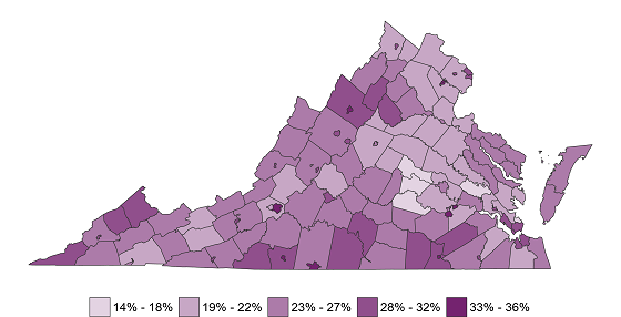 Map of Virginia demonstrating differences in childcare cost burden by county