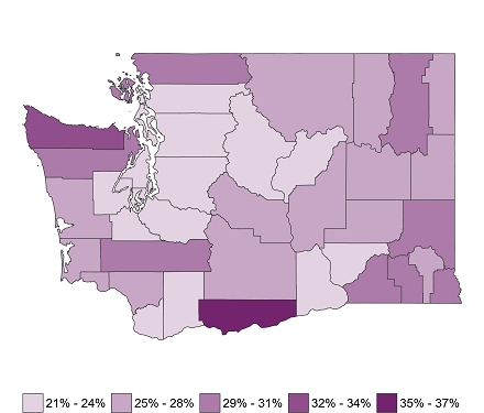 Map of Washington demonstrating differences in childcare cost burden by county