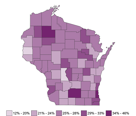 Map of Wisconsin demonstrating differences in childcare cost burden by county