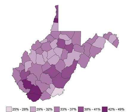 Map of West Virginia demonstrating differences in childcare cost burden by county