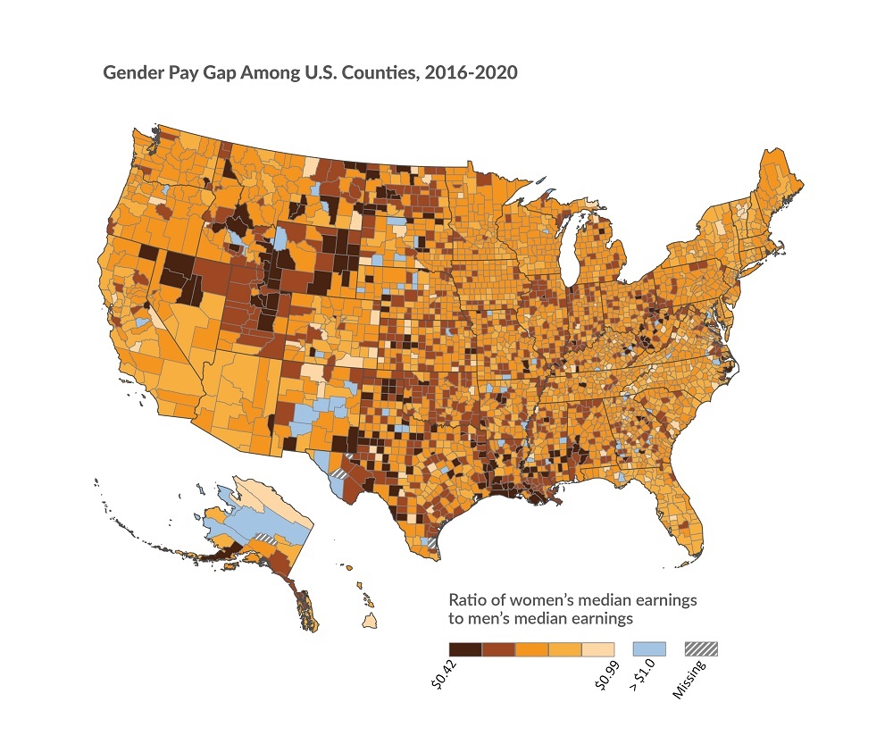 Map of the United States showing the gender pay gap between men and women among US counties