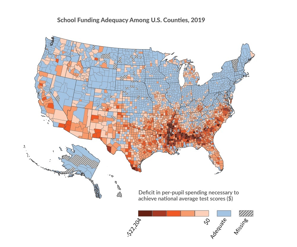 Map of the US showing counties with deficit or adequate per-pupil spending to achieve national average test scores.