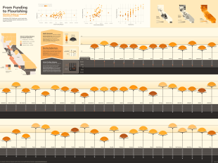 Data visualization depicting the connection between school funding, reading scores and health outcomes in California, which she visualized through the state flower, the California golden poppy. Young represented a structural determinant of health (school funding adequacy) as the roots of the flower, a social determinant of health (reading scores) as the stems, and county health outcomes as flourishing petals. 