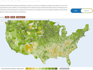 A map of the U.S. showing variation in Population Health and Well-being among counties. The map shows that conditions are not equitably distributed, with under resourced or less accessible Population Health and Well-being concentrated across the southern U.S compared to the upper Midwest and East Coast. 