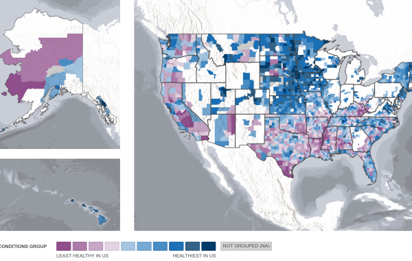  US map showing counties that have experienced one or more climate or weather-related Federal Disaster Declarations between (2019-2023) and the distribution of community conditions, with a least healthy counties concentrated in the south, parts of inland California and Alaska, and healthier places concentrated in the upper Midwest and New England.