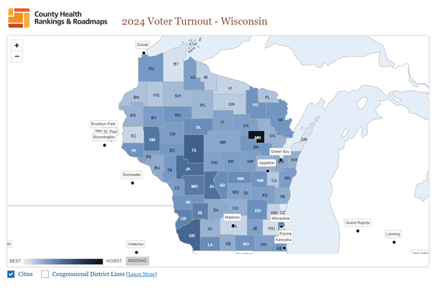 Map of Wisconsin, highlighting Voter Turnout data for each county