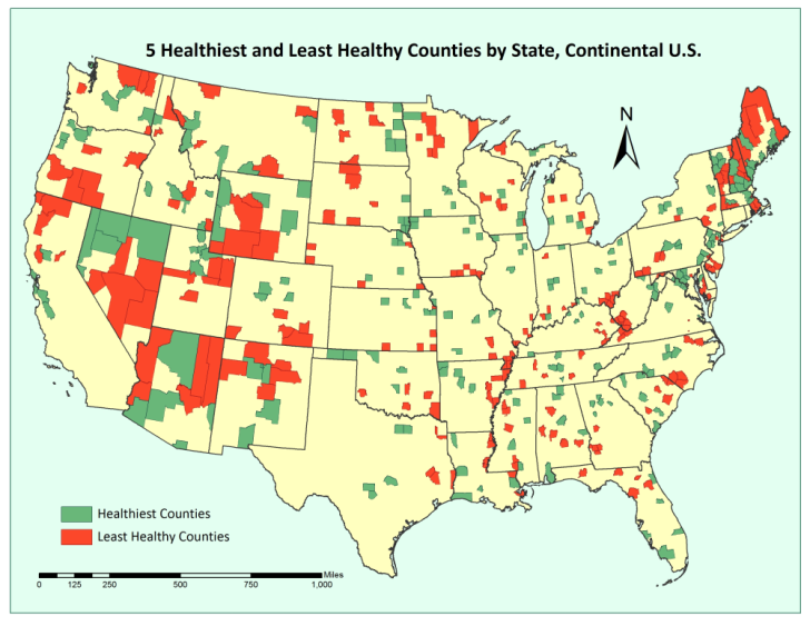 US map of 5 healthiest counties in each state highlighted in green and 5 leas healthy counties in each state highlighted in red