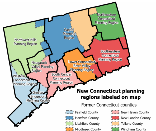 Map of Connecticut with new Planning Regions overlaid on old counties to demonstrate the differences between the two geographic units
