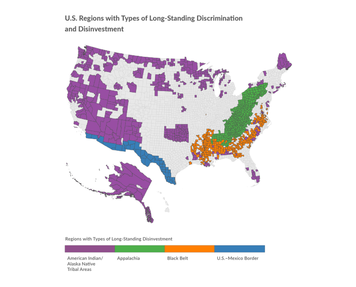 Map of the U.S. showing regions with long-standing disinvestment, focused on American Indian/Alaska Native Tribal Areas, Appalachia, the Black Belt and the U.S.-Mexico Border