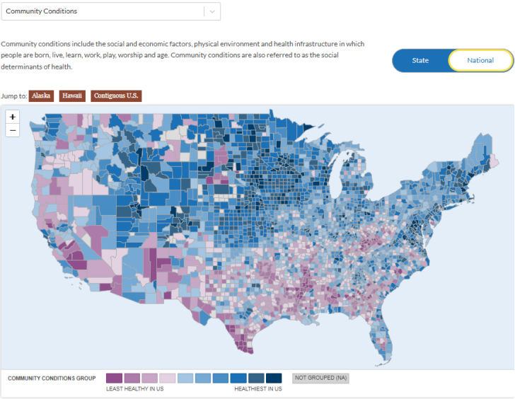 A map of the U.S. showing variation in the Community Conditions among counties. The map shows that conditions are not equitably distributed, with under resourced or less accessible community conditions concentrated across the southern U.S compared to the upper Midwest and East Coast.