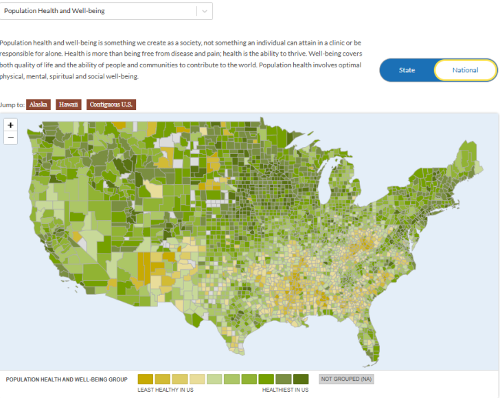 A map of the U.S. showing variation in Population Health and Well-being among counties. The map shows that conditions are not equitably distributed, with under resourced or less accessible Population Health and Well-being concentrated across the southern U.S compared to the upper Midwest and East Coast. 