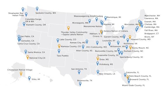 Map of the United States showing the name and location of all RWJF Culture of Health Prize-winning communities.