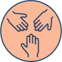Pink icon of three hands working together