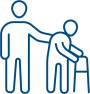 White and blue icon of a person helping another person using a walker